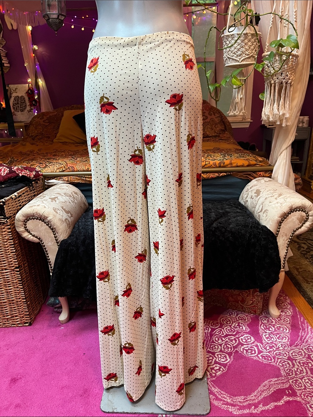 Vintage floral polka dot wide leg flowy pants - Picture 2 of 5